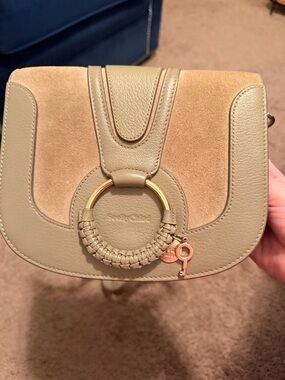 See By Chloe Gray Leather & Suede Hana Shoulder Bag with Gold Woven Ring